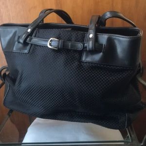 Black Fabric and Faux Leather Shoulder Bag
